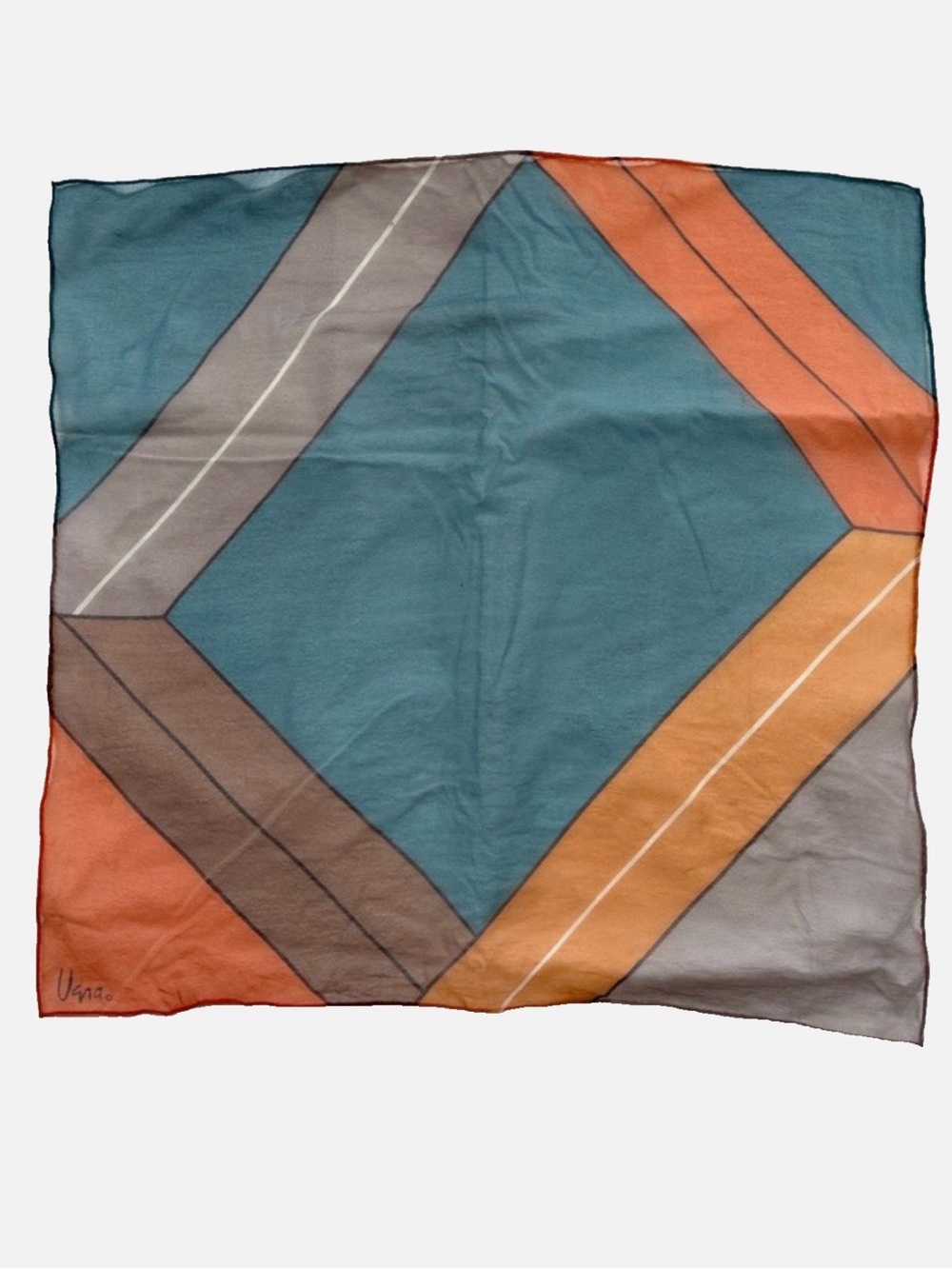 Vintage Vera Neumann Sheer Square Scarf Geometric Colorblock Teal Orange